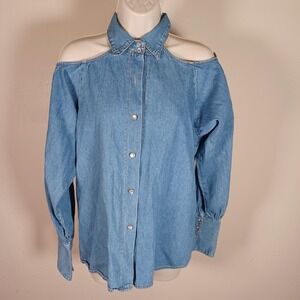 Vintage Western Denim Cold Shoulder Long Sleeve Dance Party Cowgirl Top 10